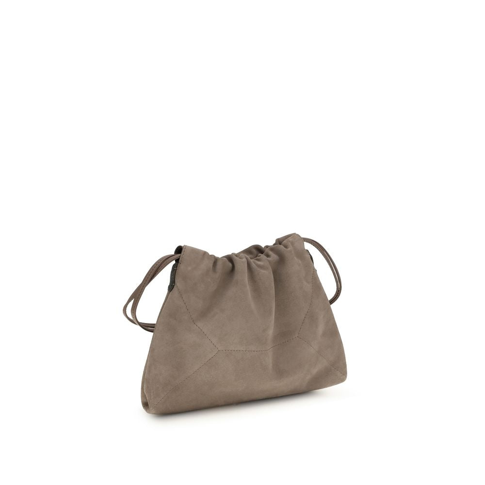 Drawstring Pouch Clutch Handbag by Brunello Cucinelli for women in bos taurus calf nappa & suede leather beige & signature features a sculptural silhouette with a secure drawstring, ample internal-pockets, and versatile shoulder-strap for a sculptural finish.