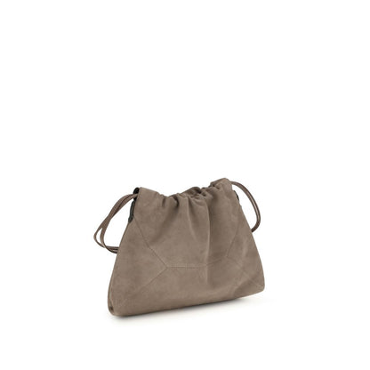 Drawstring Pouch Clutch Handbag by Brunello Cucinelli for women in bos taurus calf nappa & suede leather beige & signature features a sculptural silhouette with a secure drawstring, ample internal-pockets, and versatile shoulder-strap for a sculptural finish.