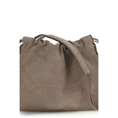 Drawstring Pouch Clutch Handbag by Brunello Cucinelli for women in bos taurus calf nappa & suede leather beige & signature showcases a sculptural silhouette, featuring a secure drawstring, ample internal-pockets, and versatile shoulder-strap for a sculptural finish.
