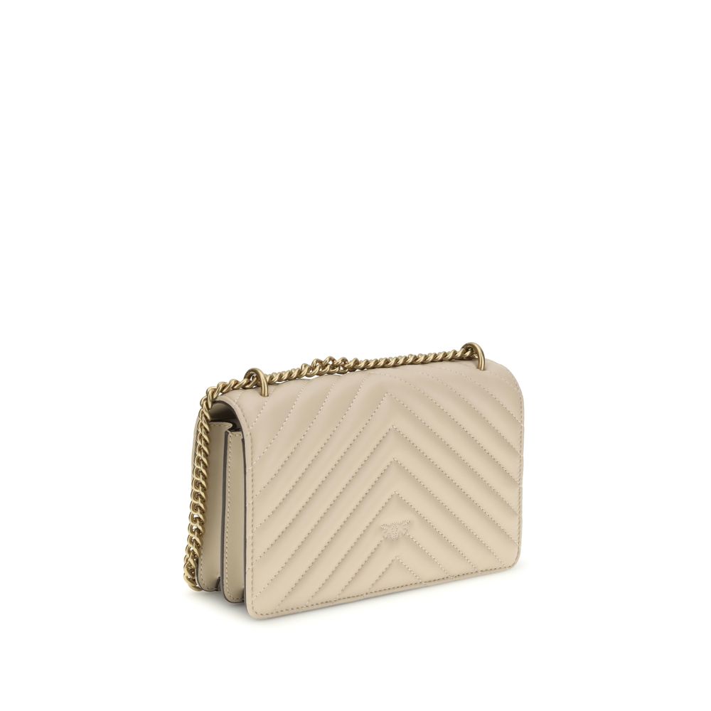 Mini 2-in-1 Shoulder & Crossbody Quilted Bag by PINKO for women in bos taurus calf leather beige, gold & monogram presents a versatile silhouette, showcasing a secure magnetic & button and versatile with versatile crossbody-strap & shoulder-strap for a sophisticated look.