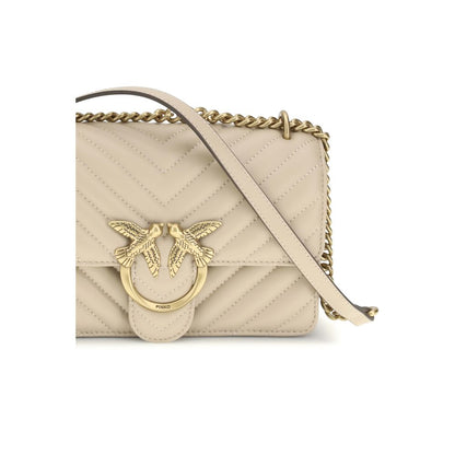 Mini 2-in-1 Shoulder & Crossbody Quilted Bag by PINKO for women in bos taurus calf leather beige, gold & monogram showcases a enviable silhouette, artfully detailed with a secure magnetic & button, organized , and versatile crossbody-strap & shoulder-strap for a enviable look.