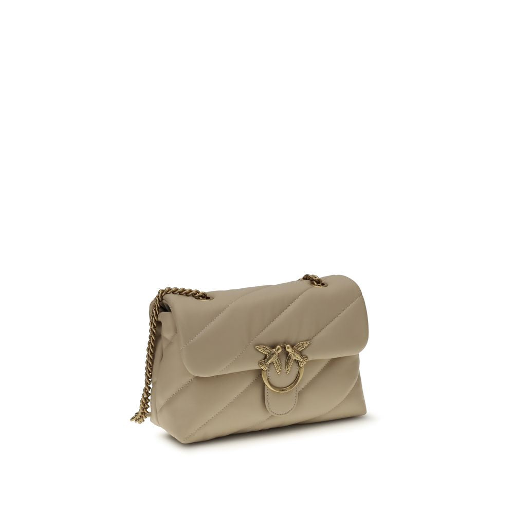 Quilted Shoulder Bag by PINKO for women in bos taurus calf leather beige, gold & monogram features a enviable silhouette, showcasing a secure magnetic & button, ample built-in-compartments, and enviable shoulder-strap for a enviable finish.
