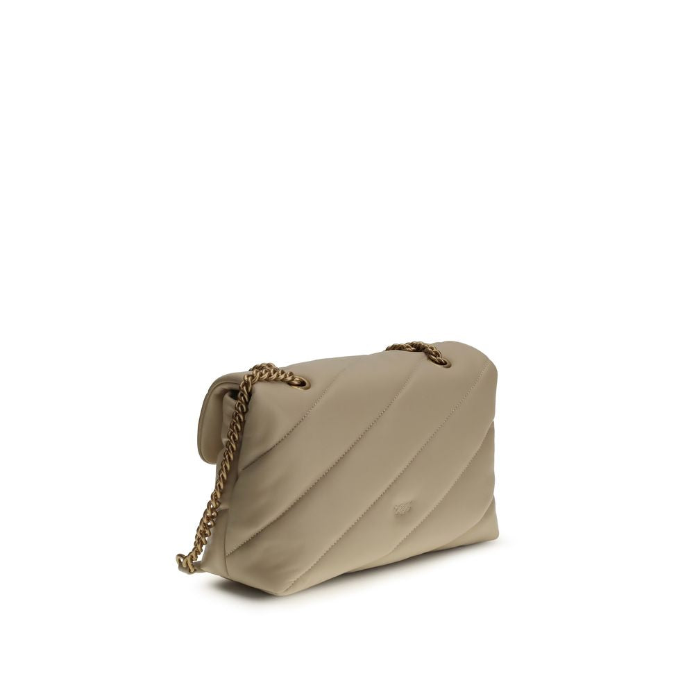 Quilted Shoulder Bag by PINKO for women in bos taurus calf leather beige, gold & monogram presents a versatile silhouette, showcasing a secure magnetic & button and versatile built-in-compartments with versatile shoulder-strap for a sophisticated look.