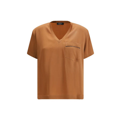 T-Shirt by Fabiana Filippi for women in acetate & viscose beige & signature showcases a fashionable silhouette, elegantly detailed with a fashionable and v-neck neckline for a sophisticated, high-fashion look.