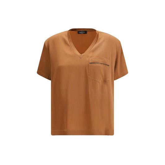 T-Shirt by Fabiana Filippi for women in acetate & viscose beige & signature showcases a fashionable silhouette, elegantly detailed with a fashionable and v-neck neckline for a sophisticated, high-fashion look.