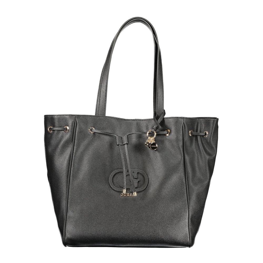 Drawstring Handbag by Guess Jeans for women in polyurethane black features a ornamental silhouette, showcasing a secure snap & drawstring, ample built-in-compartments & external-pockets, and ornamental handle for a sophisticated look.