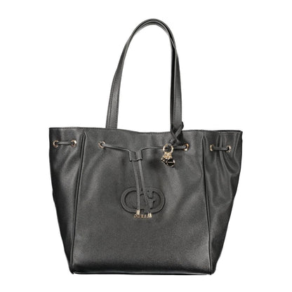 Drawstring Handbag by Guess Jeans for women in polyurethane black features a ornamental silhouette, showcasing a secure snap & drawstring, ample built-in-compartments & external-pockets, and ornamental handle for a sophisticated look.