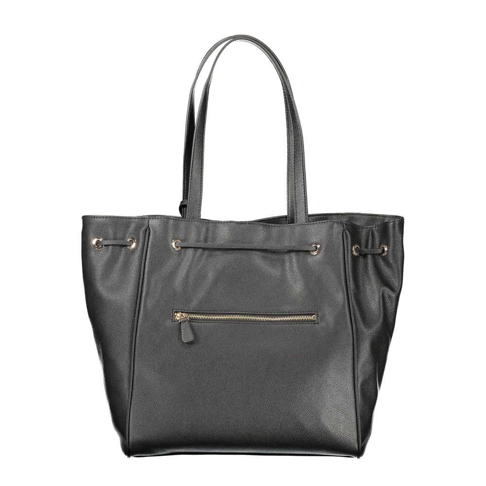 Drawstring Handbag by Guess Jeans for women in polyurethane black features a signature silhouette, showcasing a secure snap & drawstring and signature built-in-compartments & external-pockets with versatile handle for a sophisticated look.