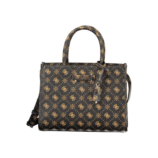 This Handbag by Guess Jeans for women in polyurethane and brown presents a sculptural silhouette featuring a secure zipper, ample built-in-compartments, external-pockets & internal-pockets, and versatile shoulder-strap, adjustable-strap & handle for a sculptural finish.