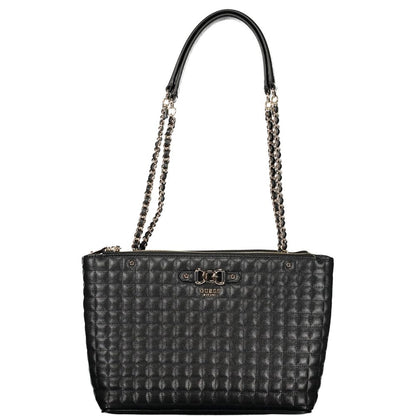 Handbag by Guess Jeans for women in polyurethane black features an refined silhouette, showcasing a secure snap & zipper, ample external-pockets, and versatile handle for a sophisticated refined aesthetic.