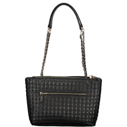 Handbag by Guess Jeans for women in polyurethane black features an refined silhouette, showcasing a secure snap & zipper, ample external-pockets, and versatile handle for a sophisticated refined aesthetic.
