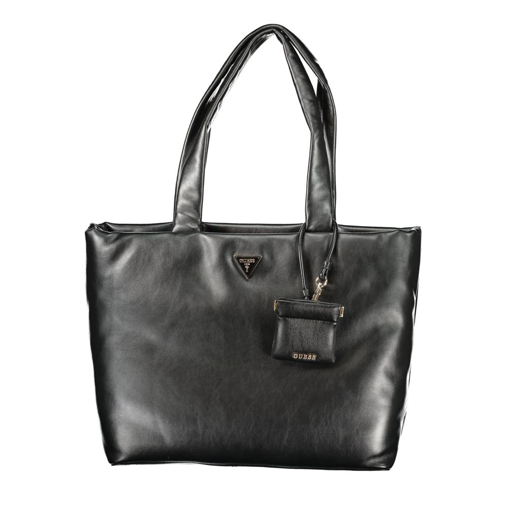Handbag by Guess Jeans for women in polyurethane black, signature-print & print features a signature silhouette, showcasing a secure zipper and signature built-in-compartments, removable-pouch, external-pockets, internal-pockets & coin-purse with versatile handle for a sophisticated look.