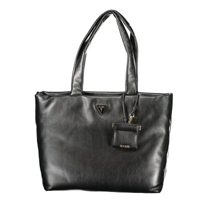 Handbag by Guess Jeans for women in polyurethane black, signature-print & print features a signature silhouette, showcasing a secure zipper and signature built-in-compartments, removable-pouch, external-pockets, internal-pockets & coin-purse with versatile handle for a sophisticated look.