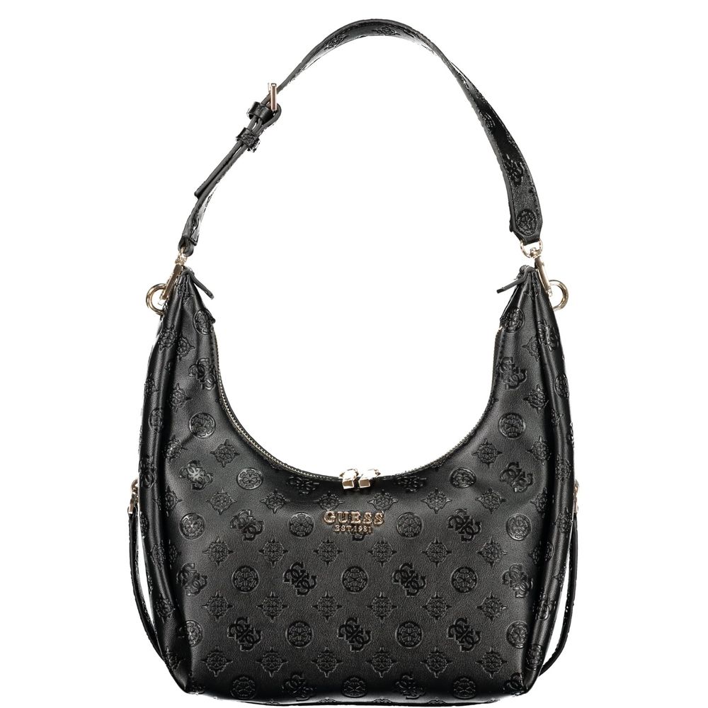This Handbag by Guess Jeans for women in polyurethane and black presents a sculptural silhouette featuring a secure zipper, ample external-pockets & internal-pockets, and versatile handle for a sculptural finish.