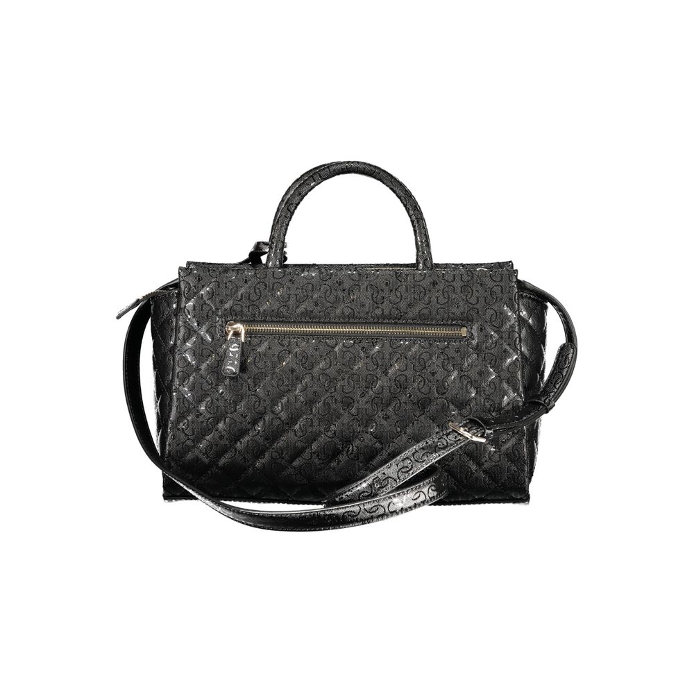 Handbag by Guess Jeans for women in plush polyurethane black presents a ornamental silhouette, showcasing a secure snap & zipper, ample built-in-compartments & external-pockets, and versatile shoulder-strap, adjustable-strap, detachable-strap & handle for a ornamental finish.