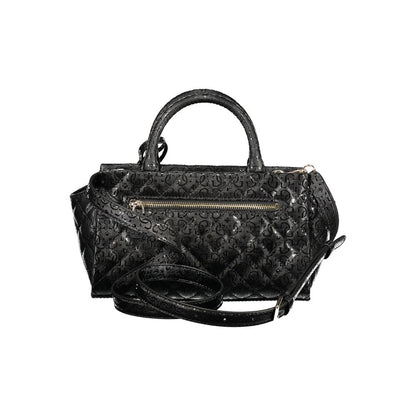Handbag by Guess Jeans for women in polyurethane black features a signature silhouette, showcasing a secure zipper and signature external-pockets & internal-pockets with versatile shoulder-strap, handle & detachable-strap for a sophisticated look.