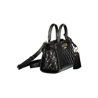 Handbag by Guess Jeans for women in polyurethane black features a ornamental silhouette, showcasing a secure zipper, ample external-pockets & internal-pockets, and ornamental shoulder-strap, handle & detachable-strap for a sophisticated look.