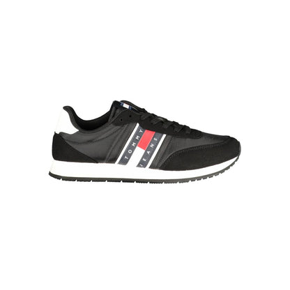 Athletic Sneakers by Tommy Hilfiger for men in polyester polyurethane leather black & white showcases a architectural silhouette, artfully capturing the essence of the Men's Athletic Polyester Polyurethane Leather Sneakers with its signature architectural athletic style construction.