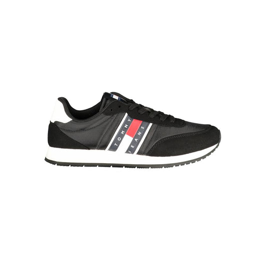 Athletic Sneakers by Tommy Hilfiger for men in polyester polyurethane leather black & white showcases a architectural silhouette, artfully capturing the essence of the Men's Athletic Polyester Polyurethane Leather Sneakers with its signature architectural athletic style construction.