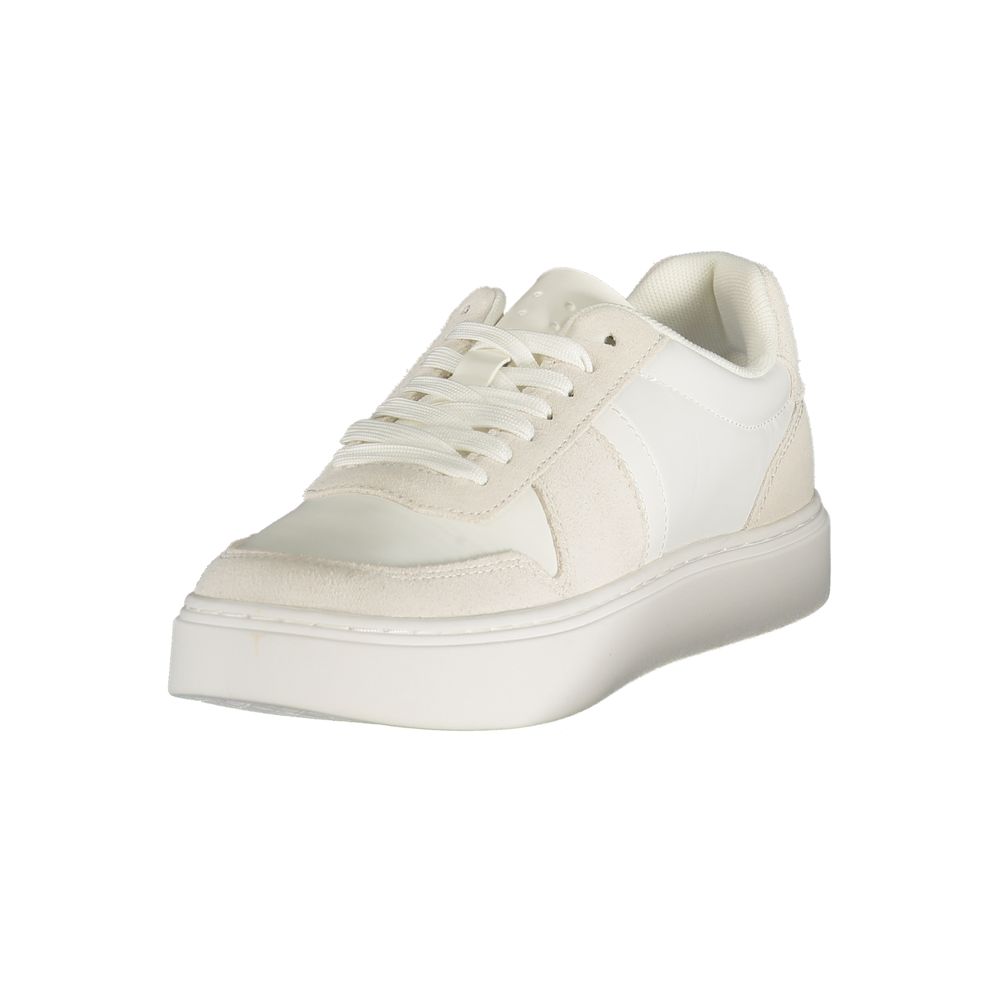 Athletic Sneakers by Calvin Klein for men in polyester polyurethane leather white features an architectural silhouette, showcasing the premium athletic style of the Men's Athletic Polyester Polyurethane Leather Sneakers with an architectural finish.
