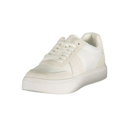 Athletic Sneakers by Calvin Klein for men in polyester polyurethane leather white features an architectural silhouette, showcasing the premium athletic style of the Men's Athletic Polyester Polyurethane Leather Sneakers with an architectural finish.