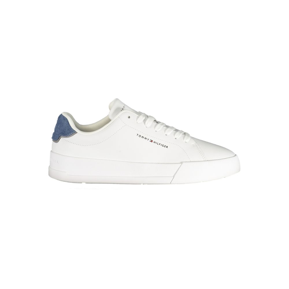 Athletic Sneakers by Tommy Hilfiger for men in polyester polyurethane leather blue & white showcases a architectural silhouette, artfully capturing the essence of the Men's Athletic Polyester Polyurethane Leather Sneakers with its signature architectural athletic style construction.