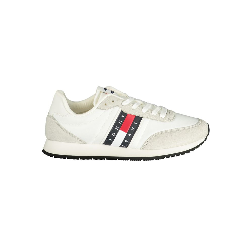 Athletic Sneakers by Tommy Hilfiger for men in polyester polyurethane leather white features an stately silhouette, showcasing the signature athletic style of the Men's Athletic Polyester Polyurethane Leather Sneakers collection with a truly stately finish.