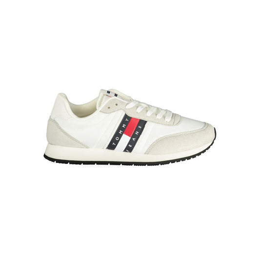 Athletic Sneakers by Tommy Hilfiger for men in polyester polyurethane leather white features an stately silhouette, showcasing the signature athletic style of the Men's Athletic Polyester Polyurethane Leather Sneakers collection with a truly stately finish.