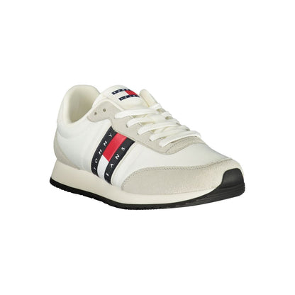 Athletic Sneakers by Tommy Hilfiger for men in polyester polyurethane leather white features an architectural silhouette, showcasing the premium athletic style of the Men's Athletic Polyester Polyurethane Leather Sneakers with an architectural finish.
