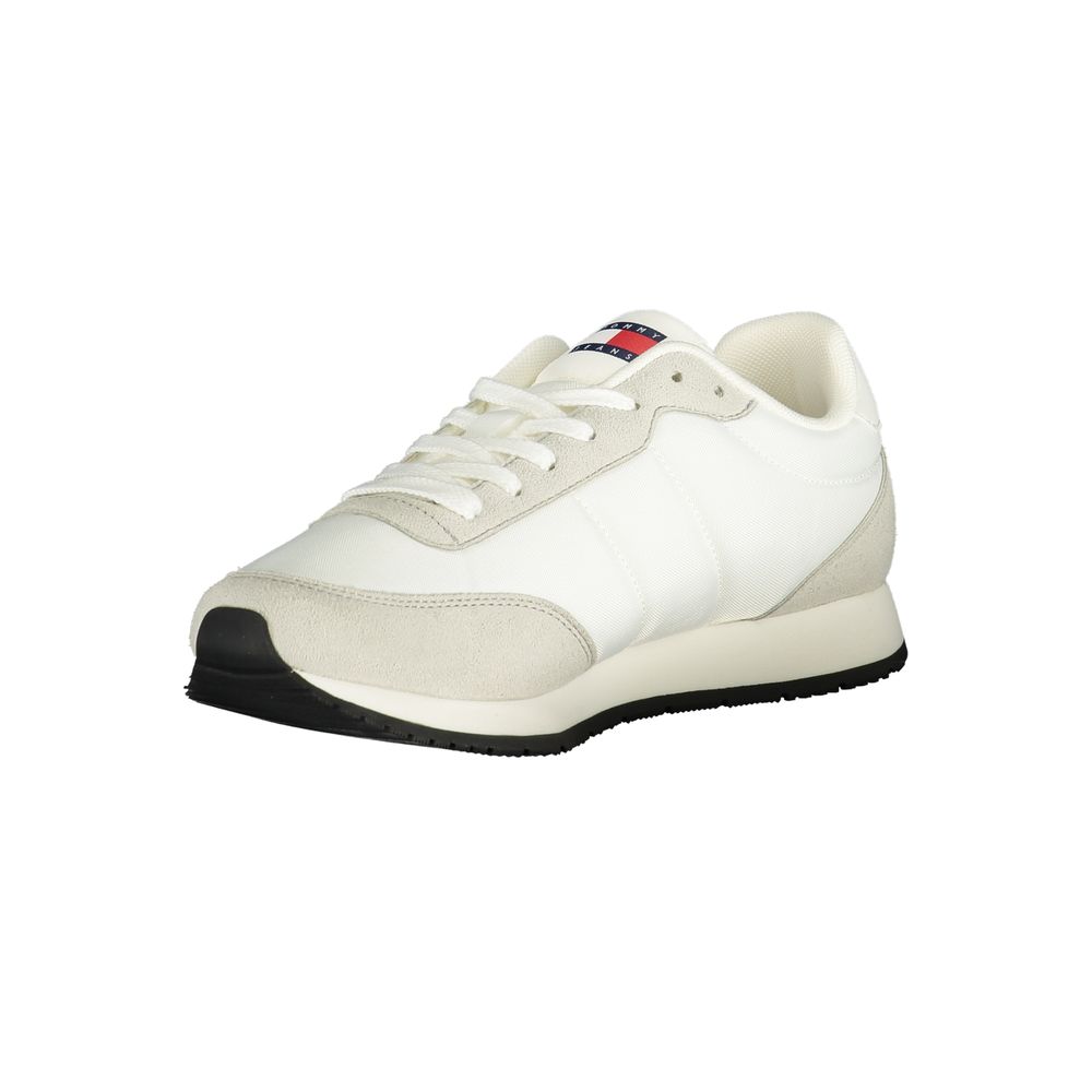 Athletic Sneakers by Tommy Hilfiger for men in polyester polyurethane leather white showcases a architectural silhouette, artfully capturing the essence of the Men's Athletic Polyester Polyurethane Leather Sneakers with its signature architectural athletic style construction.