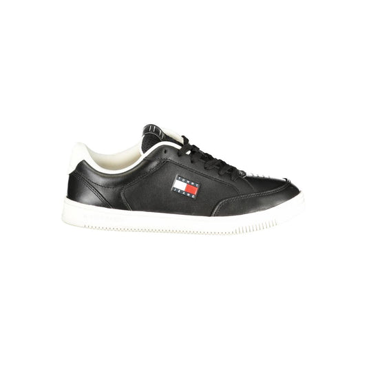 Athletic Sneakers by Tommy Hilfiger for men in polyester polyurethane leather black & white features an architectural silhouette, showcasing the premium athletic style of the Men's Athletic Polyester Polyurethane Leather Sneakers with an architectural finish.