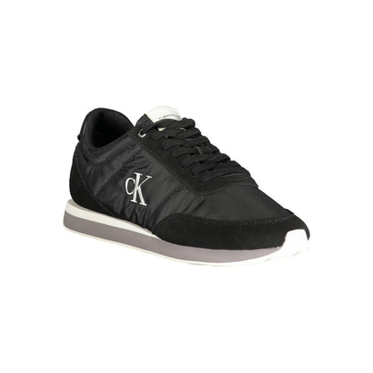 Athletic Sneakers by Calvin Klein for men in polyester polyurethane leather black, gray & signature features an architectural silhouette, showcasing the premium athletic style of the Men's Athletic Polyester Polyurethane Leather Sneakers with an architectural finish.