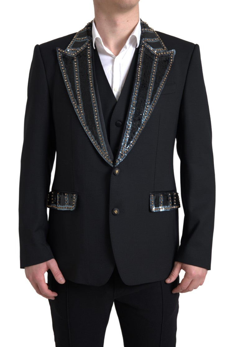 Pant Suit by Dolce & Gabbana for men in wool silk & viscose black features a tailored silhouette, showcasing a sophisticated single-breasted lapel peak-lapel neckline and tailored slim for a refined, professional look.