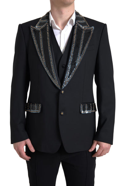 Pant Suit by Dolce & Gabbana for men in wool silk & viscose black features a tailored silhouette, showcasing a sophisticated single-breasted lapel peak-lapel neckline and tailored slim for a refined, professional look.