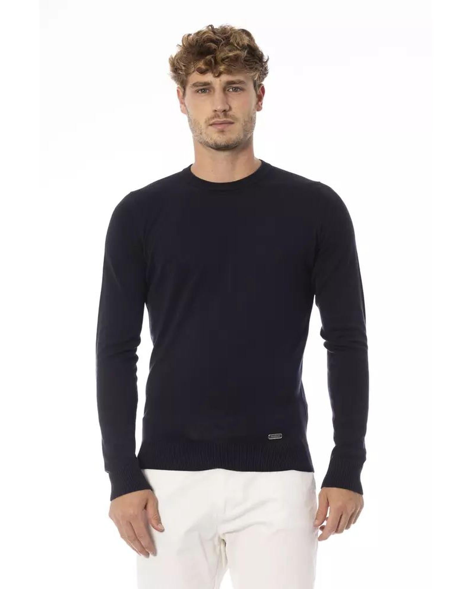 Sweatshirt by Baldinini Trend for men in cashmere & modal blue & monogram presents a smart casual silhouette, featuring a smart casual crew neckline and long-sleeve for a sophisticated look.