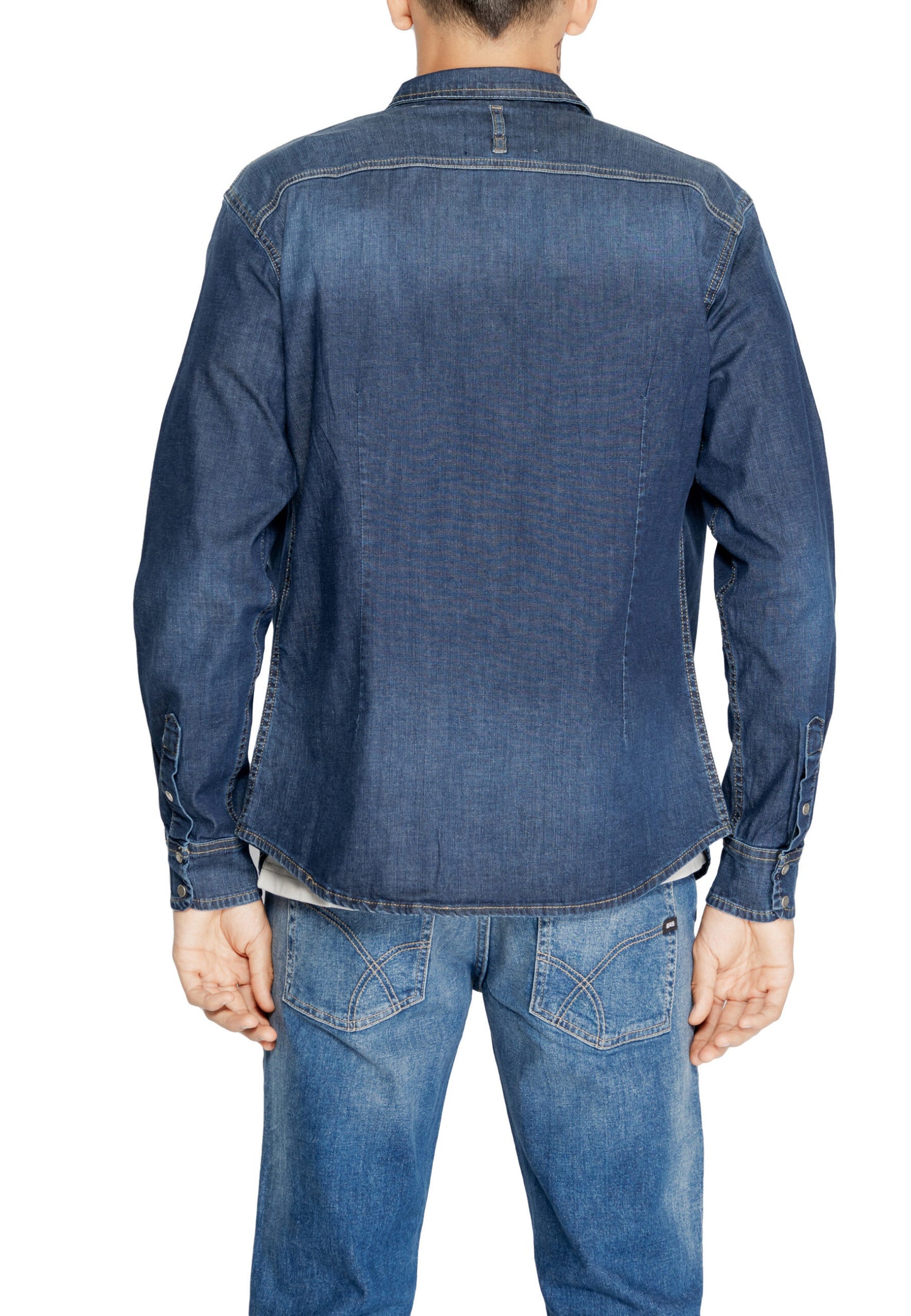 Shirt by Gas for men in stretch denim cotton blue & patterned showcases a sharp silhouette, elegantly detailed with a sharp and sharp .