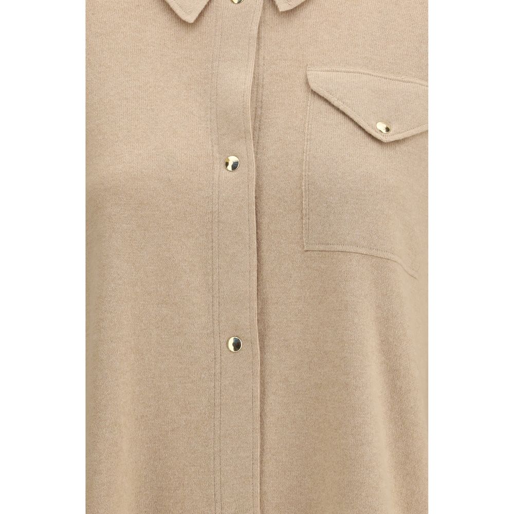 Dress Shirt by Fabiana Filippi for women in wool silk & capra leather beige showcases a sharp silhouette, elegantly detailed with a sharp and sharp .