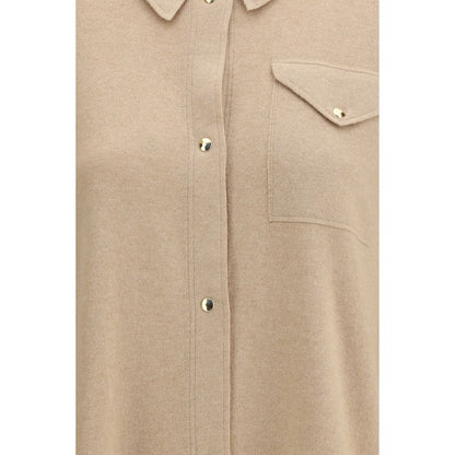 Dress Shirt by Fabiana Filippi for women in wool silk & capra leather beige showcases a sharp silhouette, elegantly detailed with a sharp and sharp .