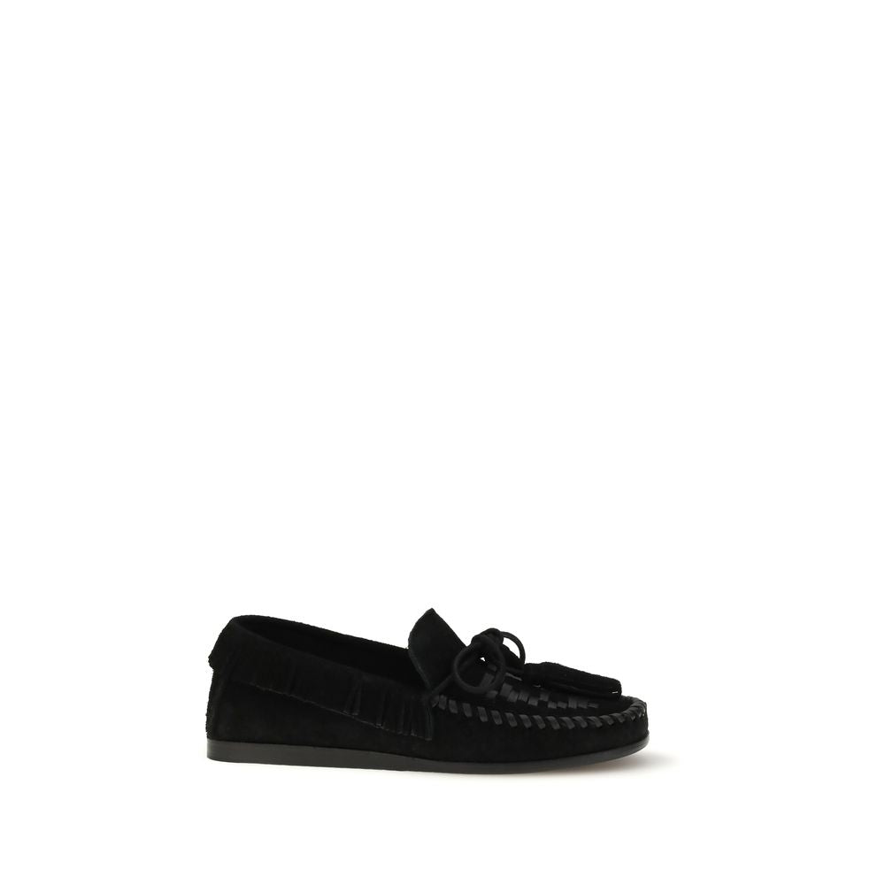 Flat Loafer Slip-On Lace-Up Shoes by Isabel Marant for women in bos taurus calf suede leather black showcases a impeccable silhouette as Women's Bos Taurus Calf Suede Leather Flat Loafer Slip-On Lace-Up Shoes, artfully designed with a impeccable flat and refined round toe style for a impeccable finish.