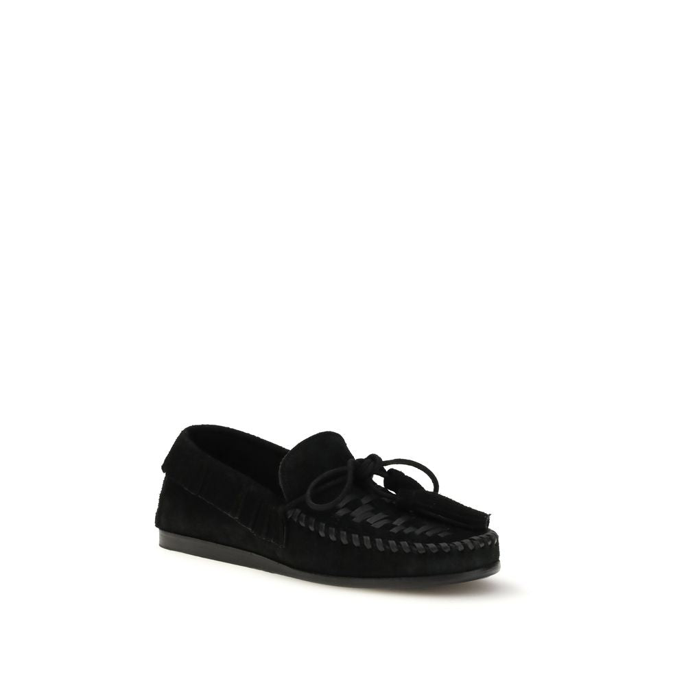 Flat Loafer Slip-On Lace-Up Shoes by Isabel Marant for women in bos taurus calf suede leather black features an effortless chic silhouette, showcasing the Women's Bos Taurus Calf Suede Leather Flat Loafer Slip-On Lace-Up Shoes design with an effortless chic flat and a round toe style for a effortless chic look.