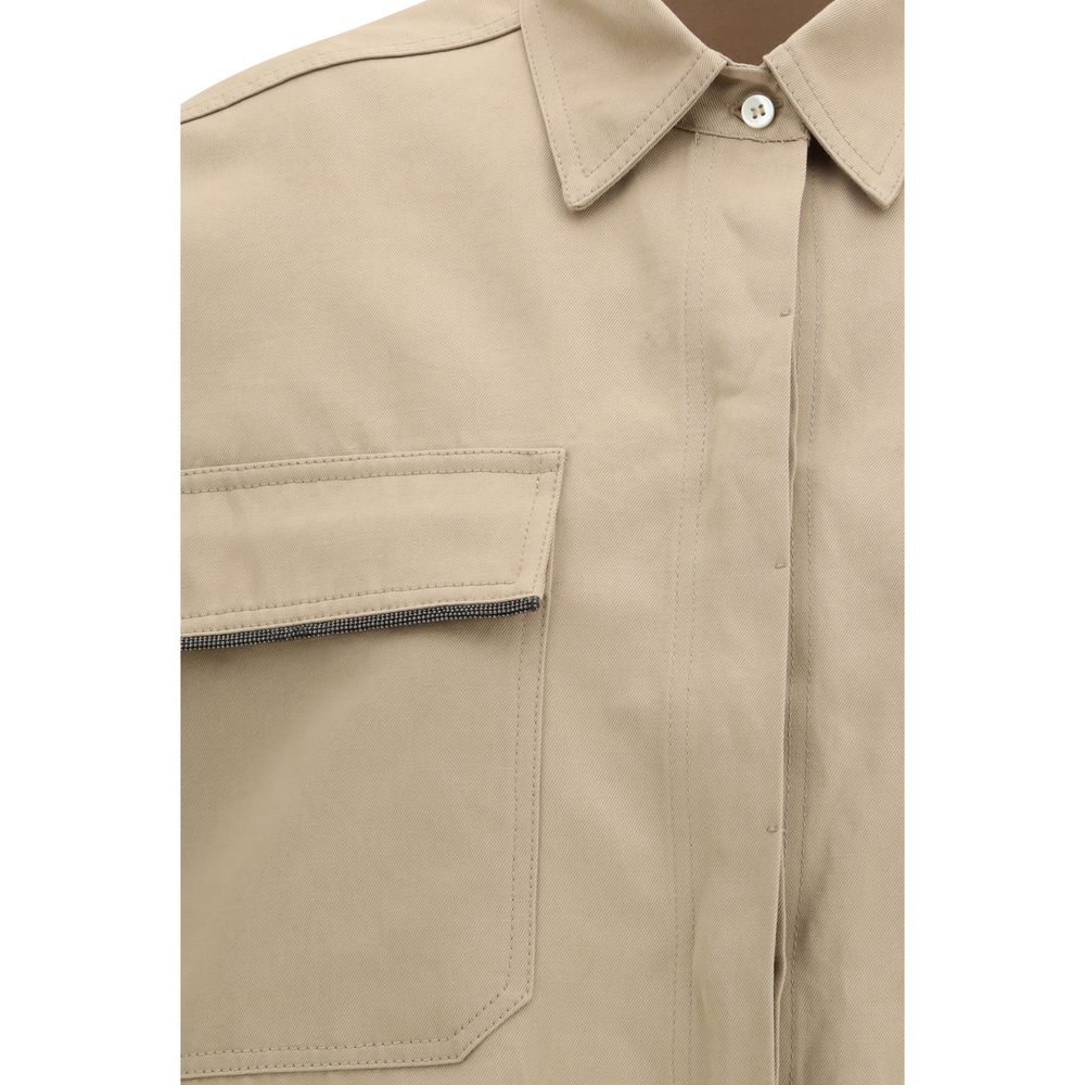 Shirt by Brunello Cucinelli for women in linen & cotton beige showcases a sleek silhouette, elegantly detailed with a sleek and for a sleek finish.