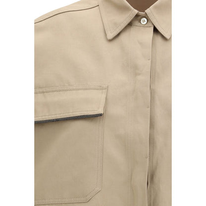 Shirt by Brunello Cucinelli for women in linen & cotton beige showcases a sleek silhouette, elegantly detailed with a sleek and for a sleek finish.