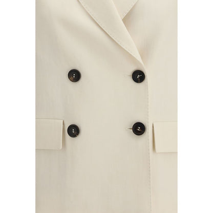 Blazer by Brunello Cucinelli for women in linen silk viscose twill cream, horn & signature showcases a discerning silhouette, elegantly detailed with a sophisticated and premium for a truly discerning finish.