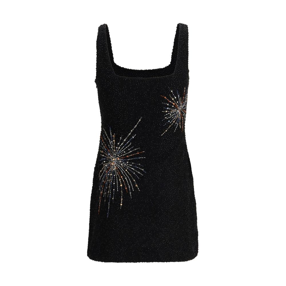Dress by Staud for women in stretch nylon black, patterned & signature features an sultry silhouette defined by a and , falling to an sultry short mini for a sultry look.