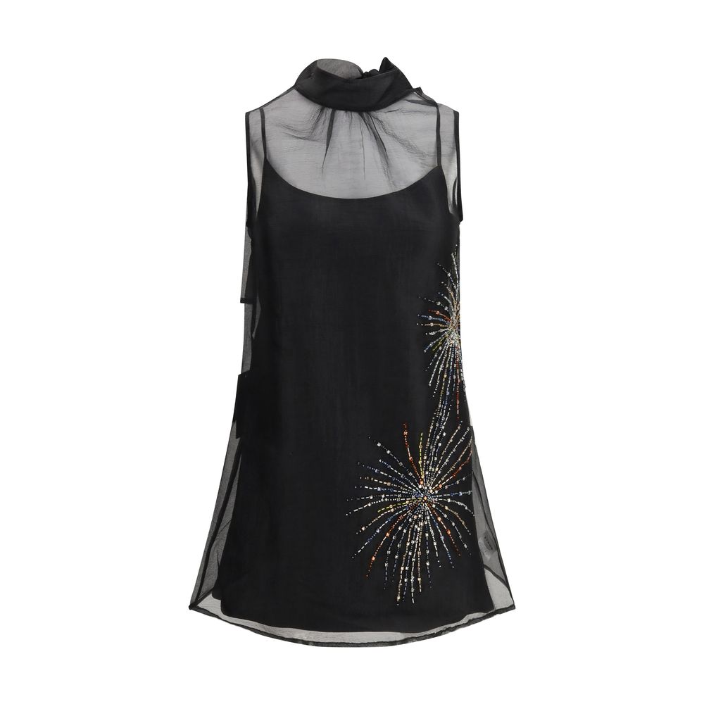 Dress by Staud for women in polyester & nylon black & transparent presents a sinuous silhouette, showcasing a sophisticated and sleeveless detailed with a sinuous short mini for a refined finish.