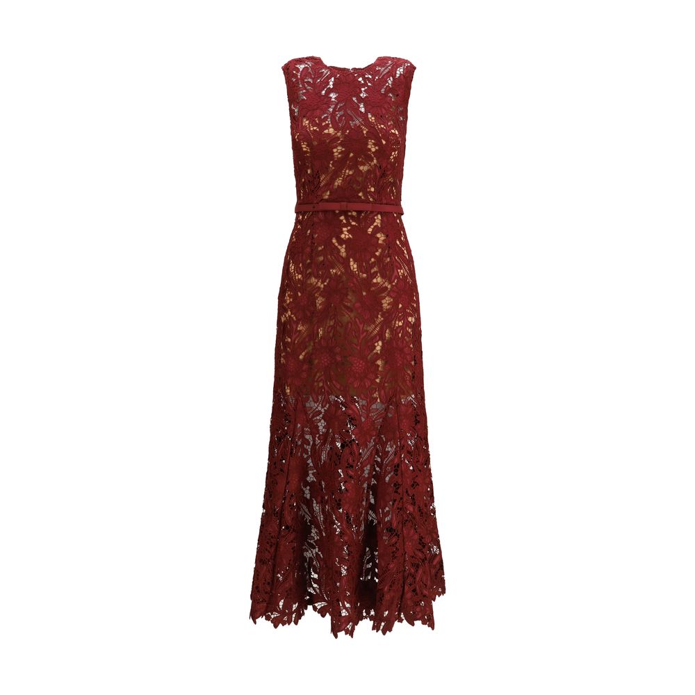 Dress by Self-Portrait for women in polyester bordeaux, burgundy, patterned & signature features a dramatic silhouette, showcasing an elegant and sleeveless that flows into a dramatic midi.