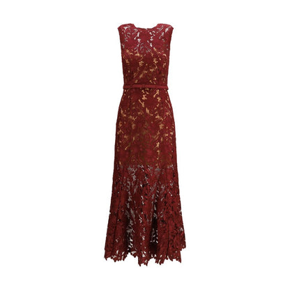 Dress by Self-Portrait for women in polyester bordeaux, burgundy, patterned & signature features a dramatic silhouette, showcasing an elegant and sleeveless that flows into a dramatic midi.