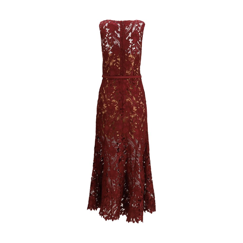 Dress by Self-Portrait for women in polyester bordeaux, burgundy, patterned & signature features an eye catching silhouette with a sophisticated , elegant , and a refined midi for a eye catching aesthetic.