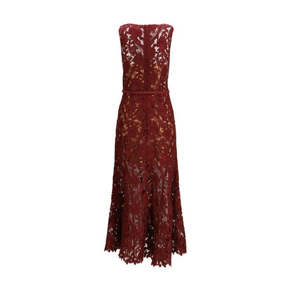 Dress by Self-Portrait for women in polyester bordeaux, burgundy, patterned & signature features an eye catching silhouette with a sophisticated , elegant , and a refined midi for a eye catching aesthetic.