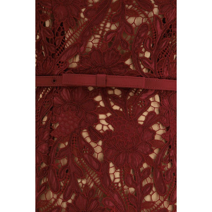 Dress by Self-Portrait for women in polyester bordeaux, burgundy, patterned & signature presents a sinuous silhouette, showcasing a sophisticated and detailed with a sinuous midi for a refined finish.